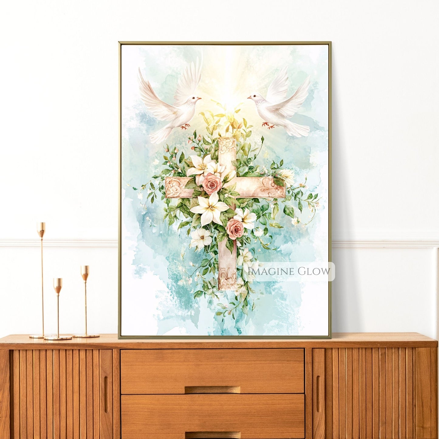 Floral Cross with Two Doves Wall Art - Peaceful Christian Decor - Religious Spring Artwork