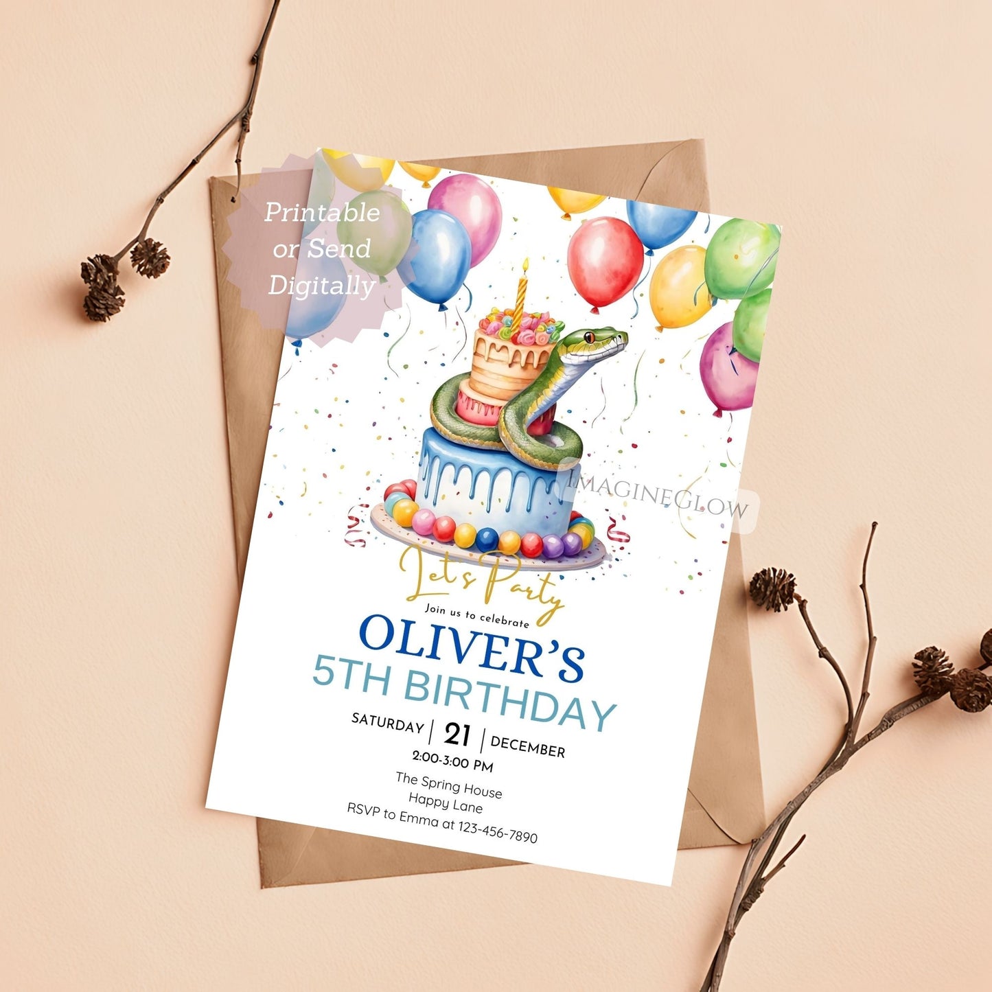 Birthday invitation card with colorful cake and balloons on a beige background