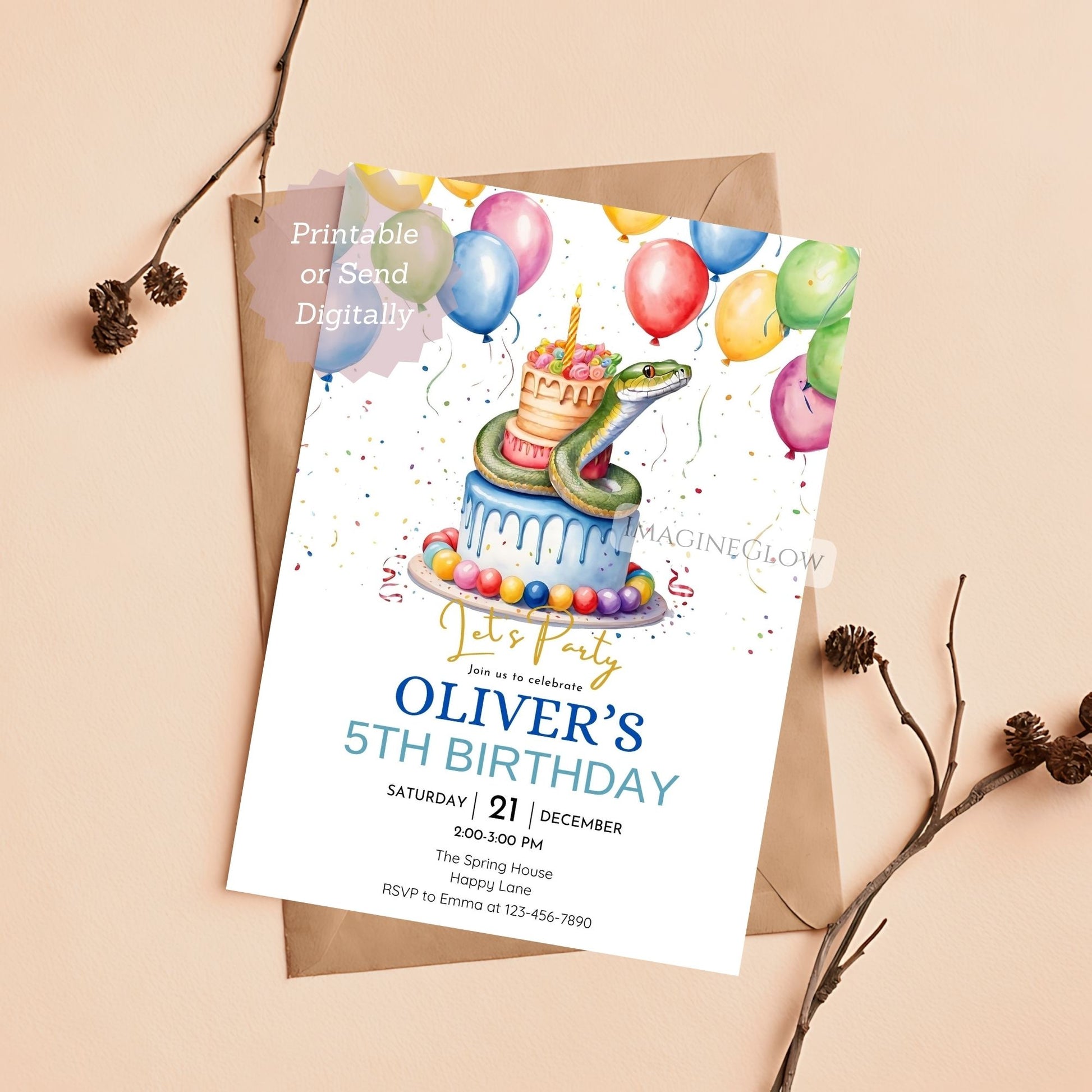 Birthday invitation card with colorful cake and balloons on a beige background