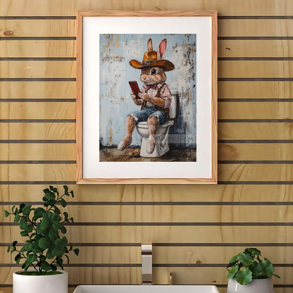 Animal-themed bathroom decor featuring rabbit on toilet.
