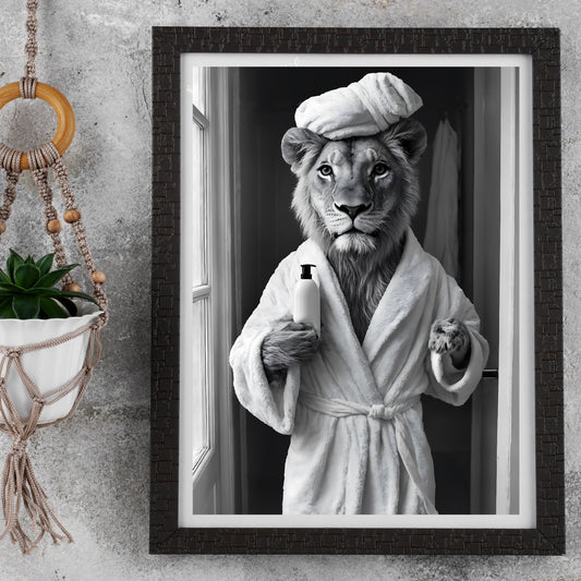 Black and white lion print featuring bathtime art for bathroom decor.
