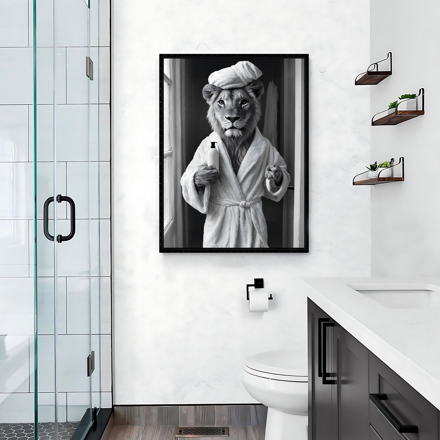 restroom wall decor showcasing a lion enjoying bath time art in a bathtub.