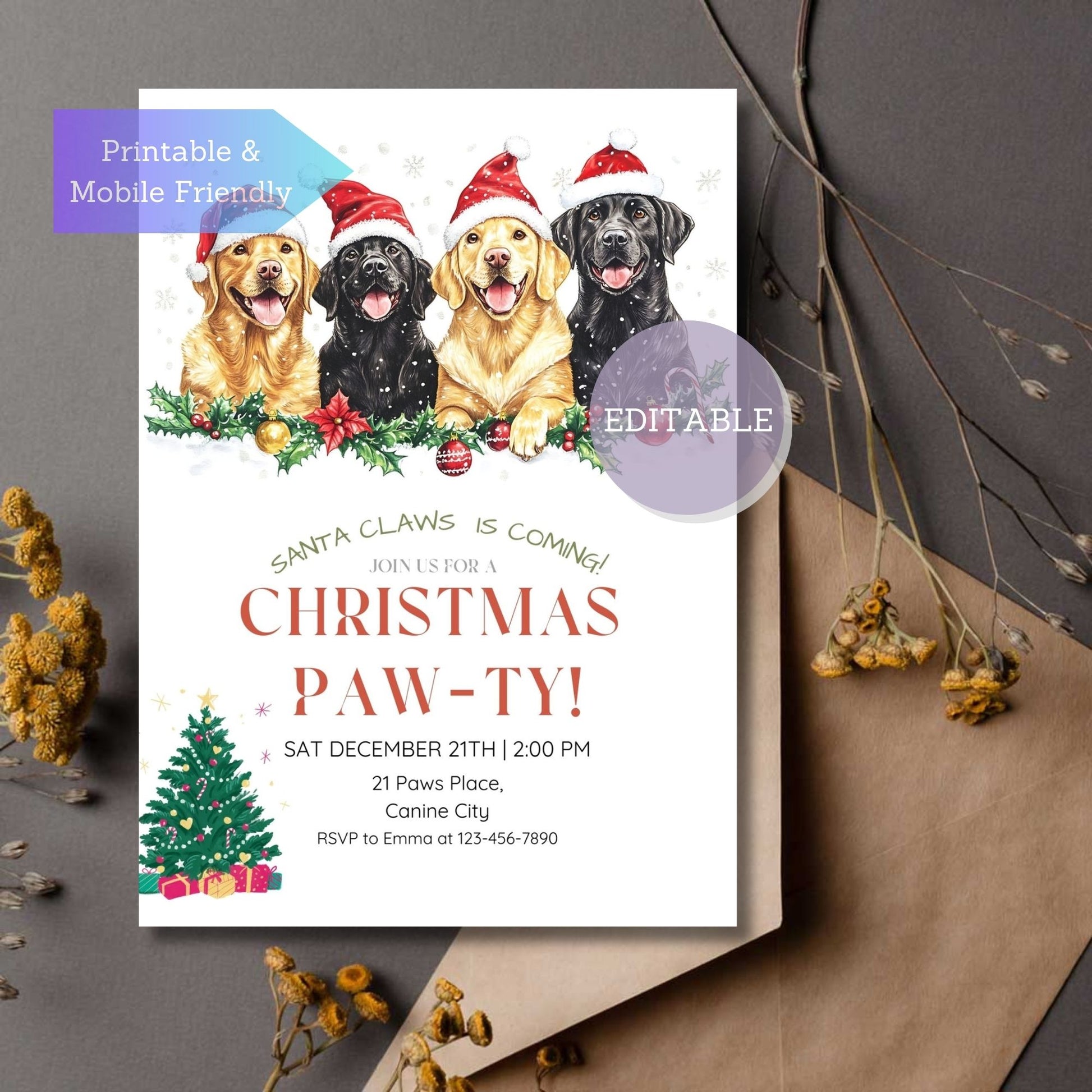 Retriever Dog Christmas Party Invitation Template - Editable Holiday Invite