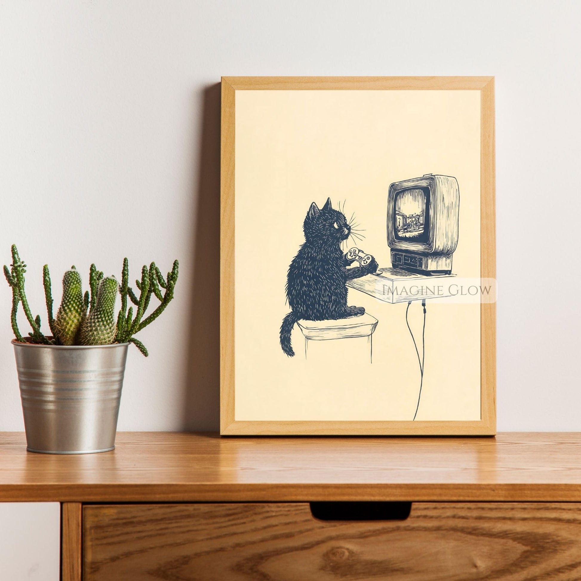 Gaming room decor with black cat in retro style
Black cat gaming art for vintage 90s gaming room
Fun retro black cat gamer poster for office