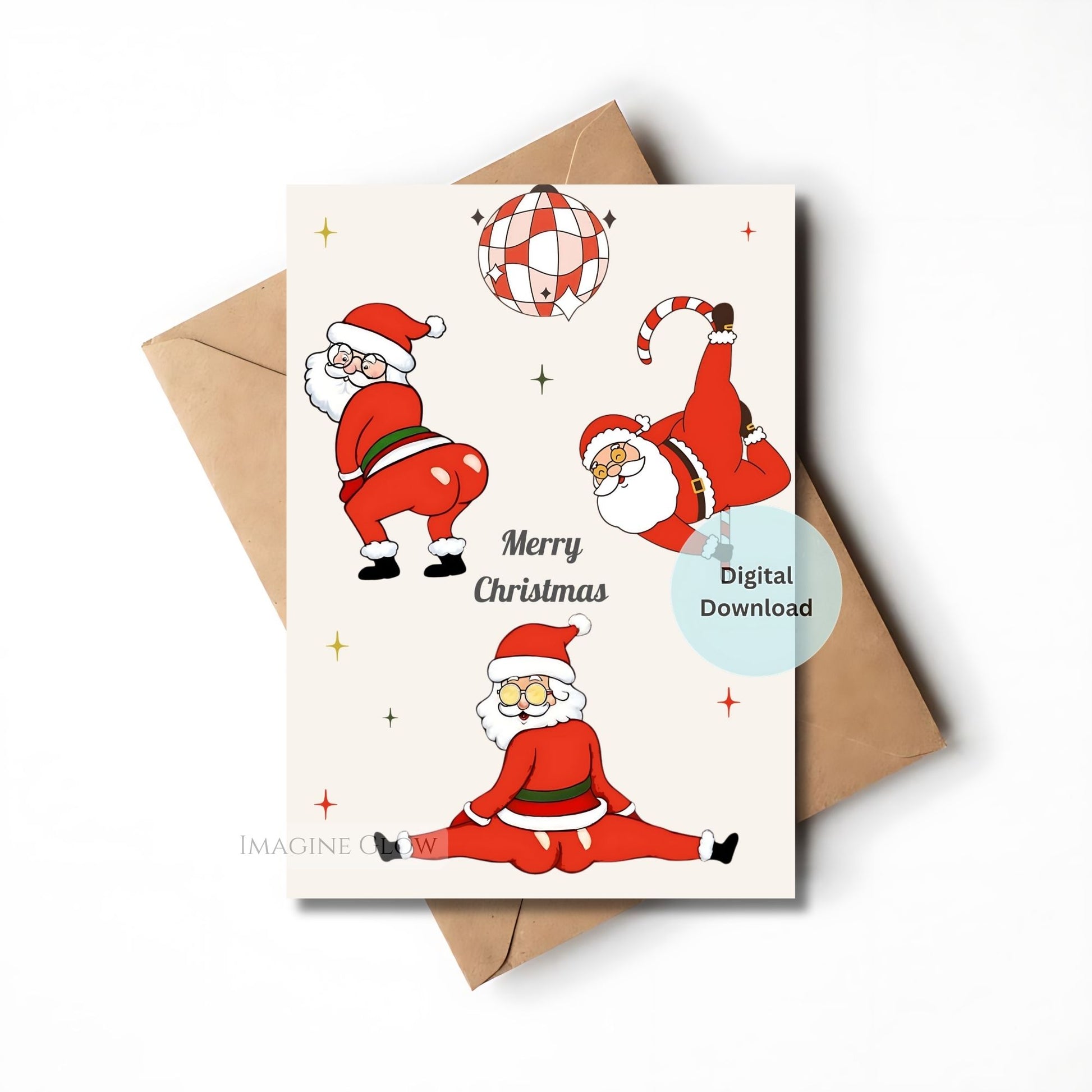 Christmas card with cartoon Santa Claus in various poses on a white background with a brown envelope.