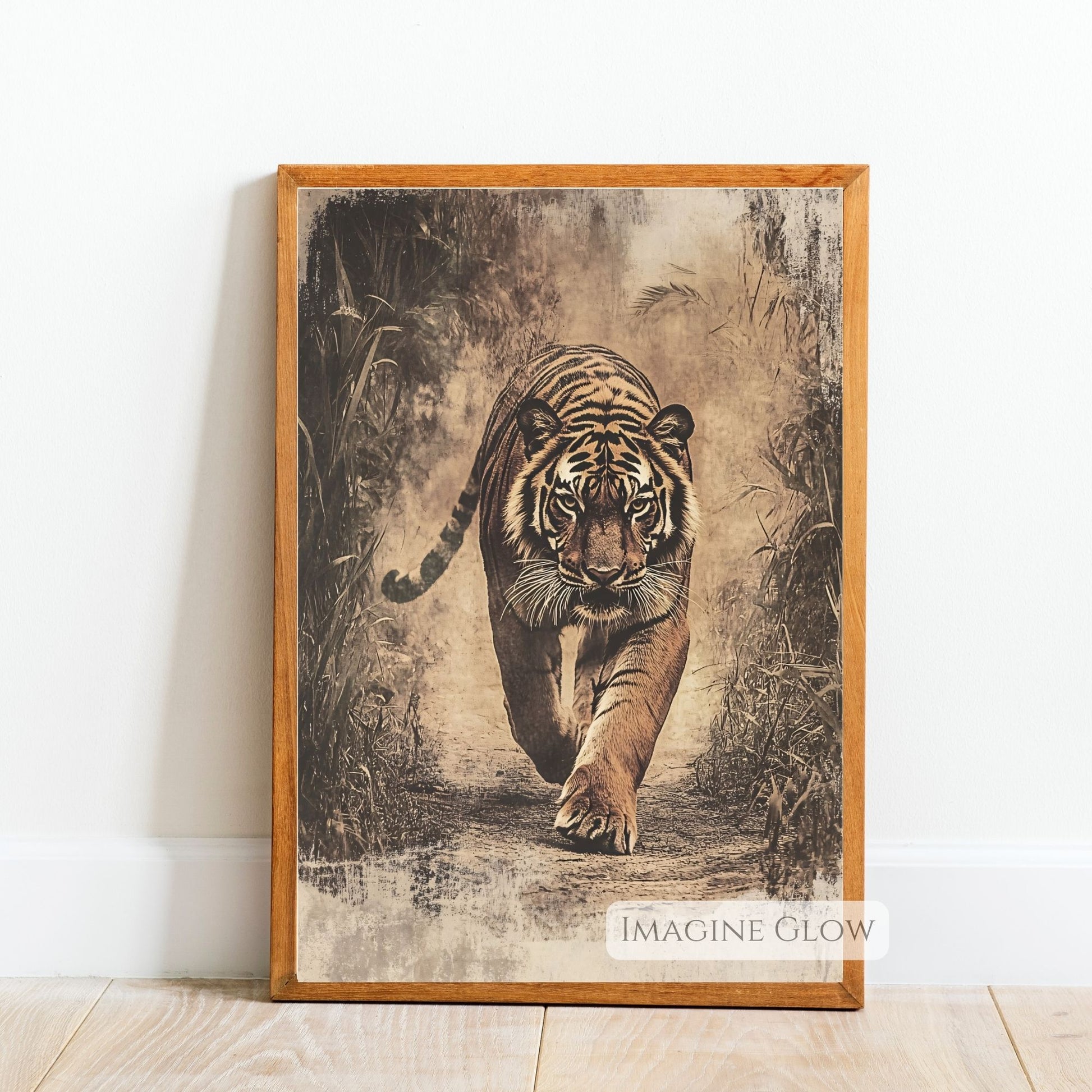 Vintage wildlife art of tiger in jungle scenery.
