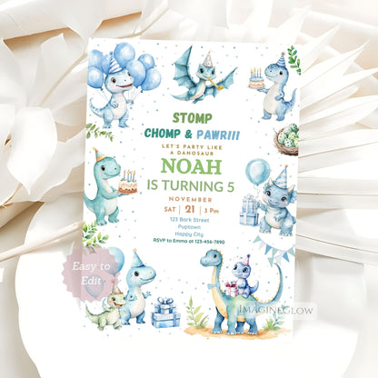 Dinosaur Birthday Invitation - Blue Theme Party Invitation