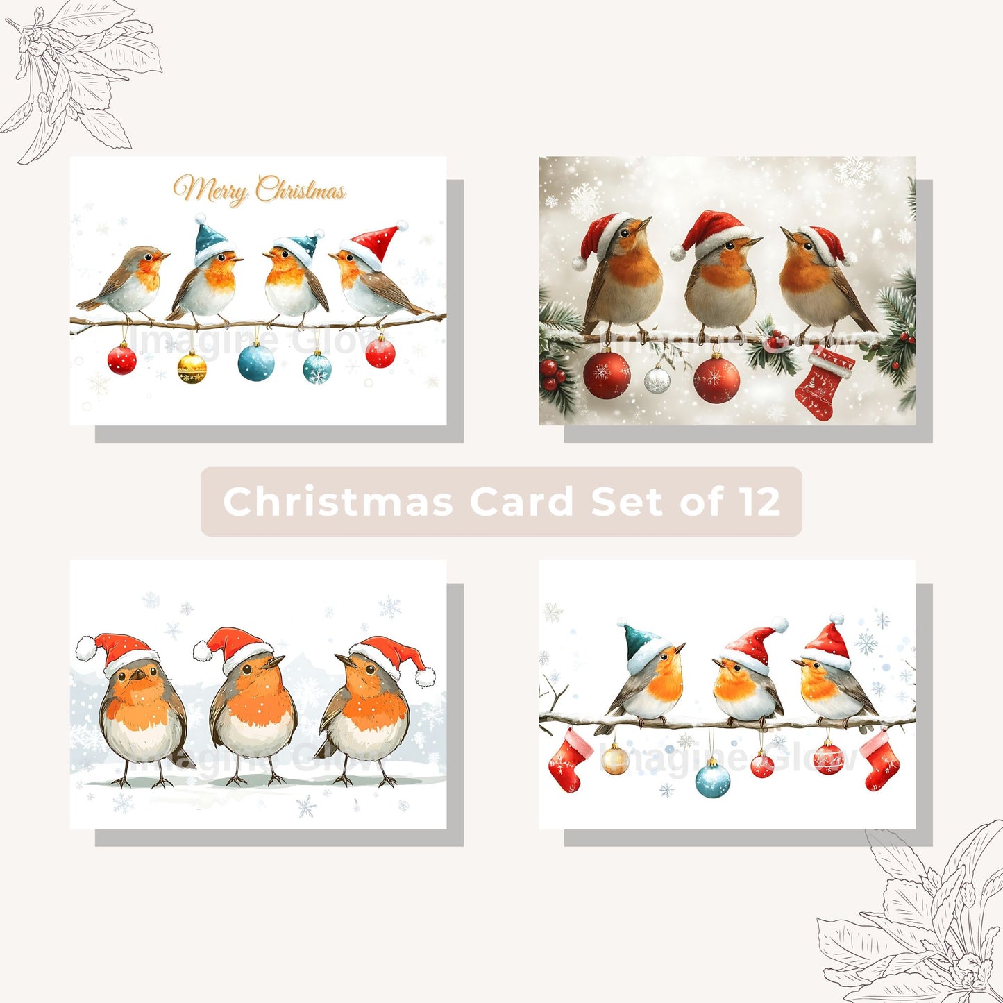 Robin Christmas card set of 12 printable holiday greeting cards