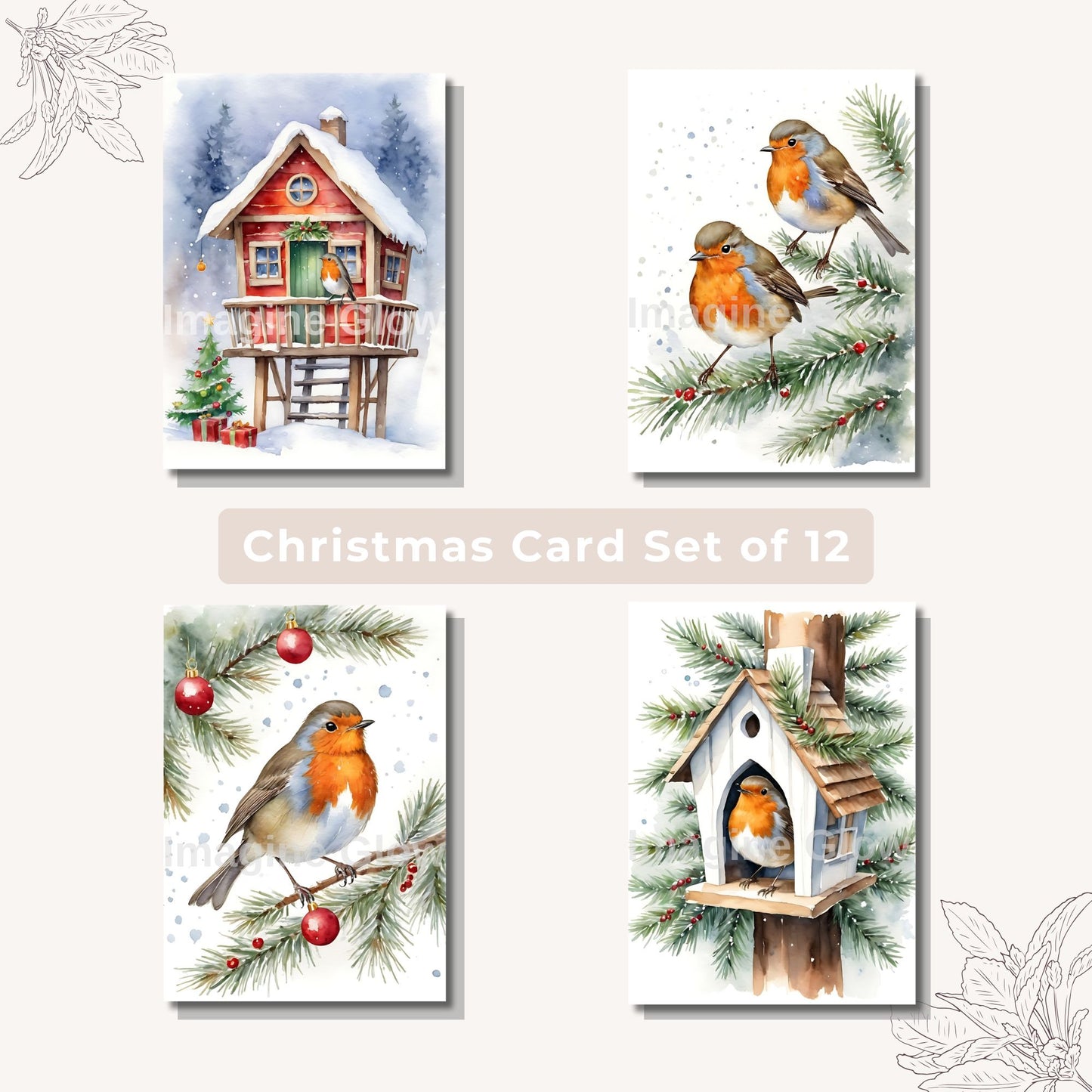 Festive holiday greeting cards featuring robins for Christmas