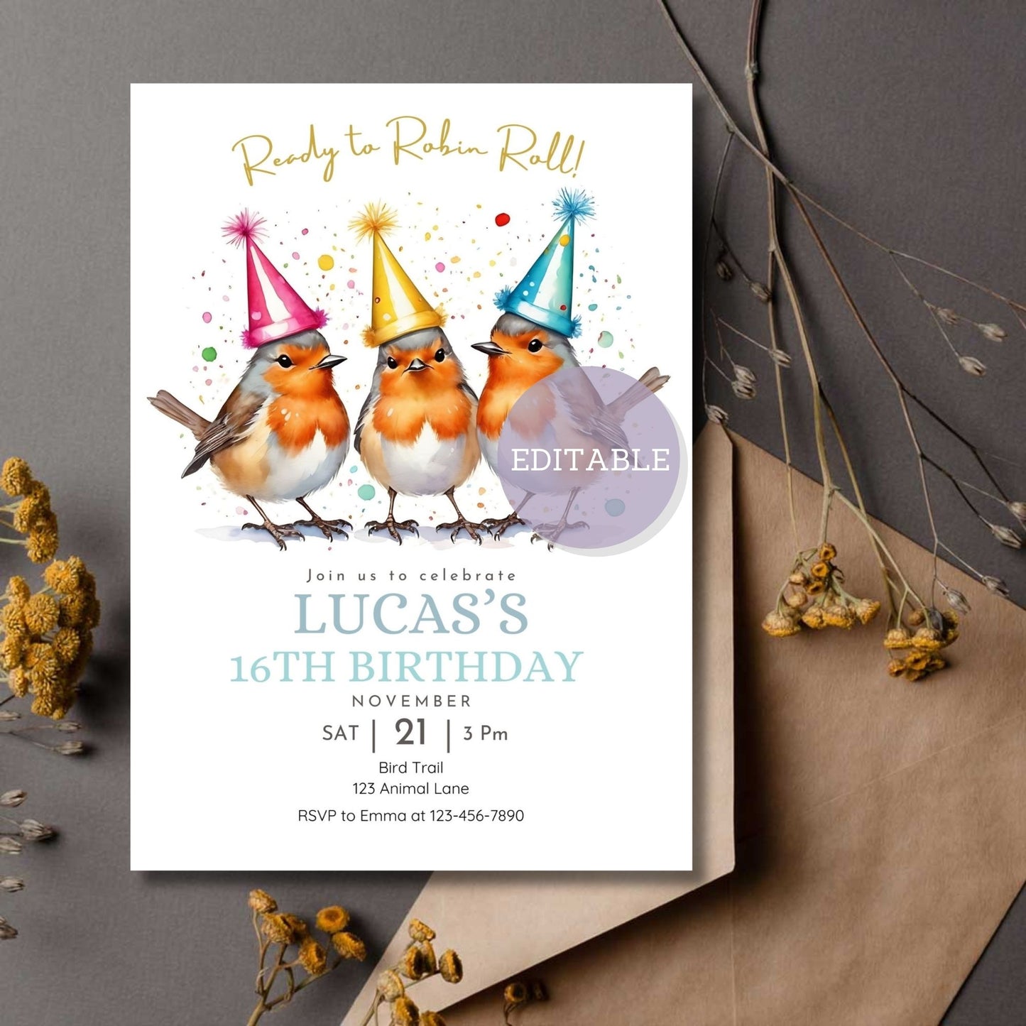 Editable robins birthday invitation template in Canva