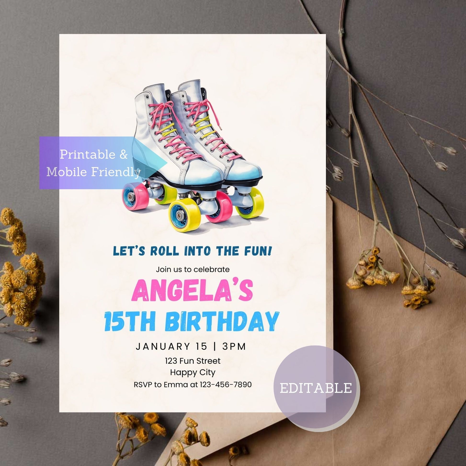 Editable roller skate party invitation with vibrant colors for birthday celebrations.