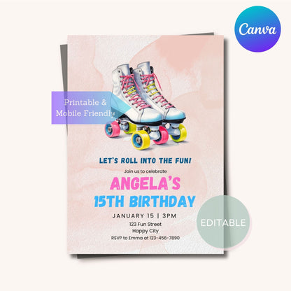 Digital download roller disco invite, perfect for retro-themed parties.