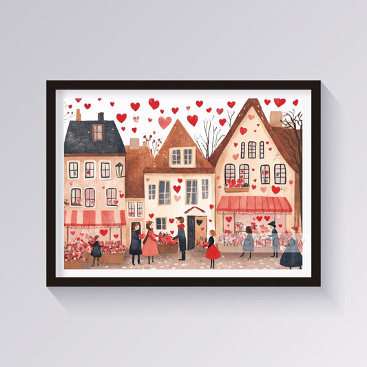 Romantic heart-themed village with cozy streets and elegant accents
