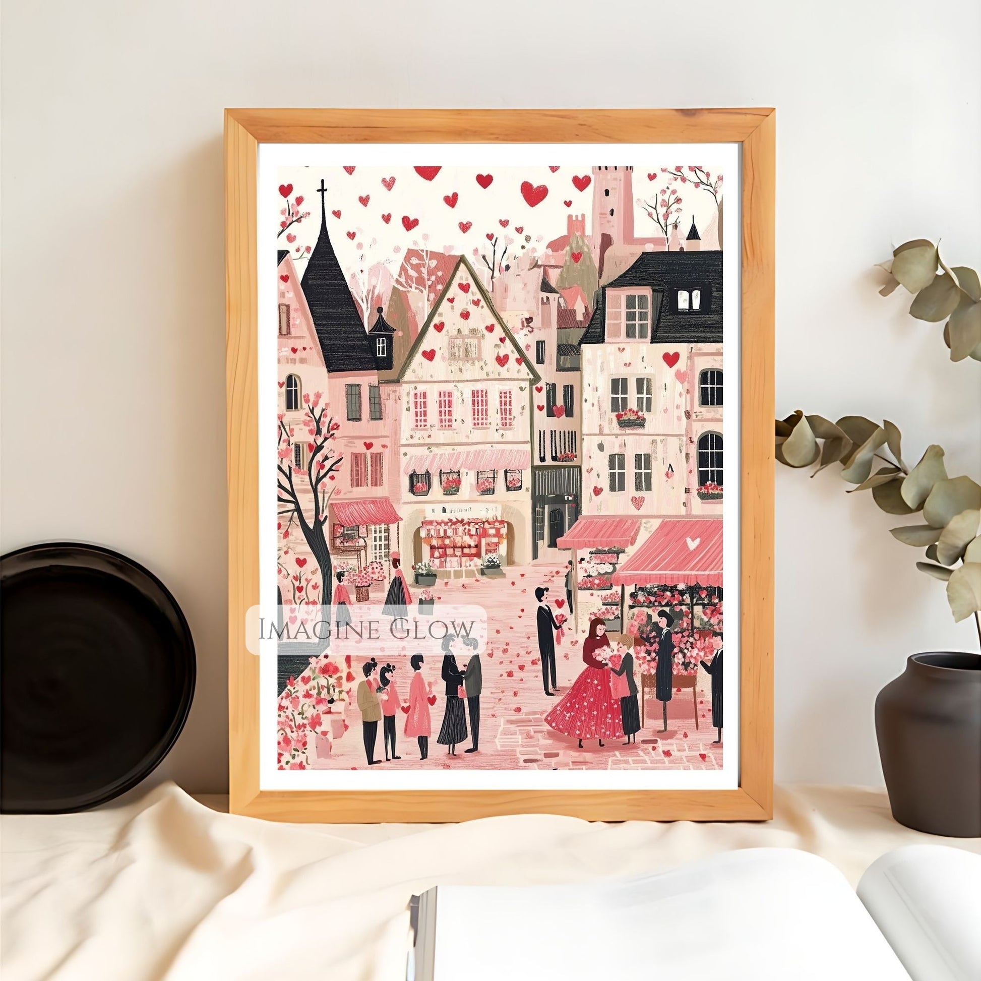 Hand-drawn Valentine's Day decor with a charming townscape
