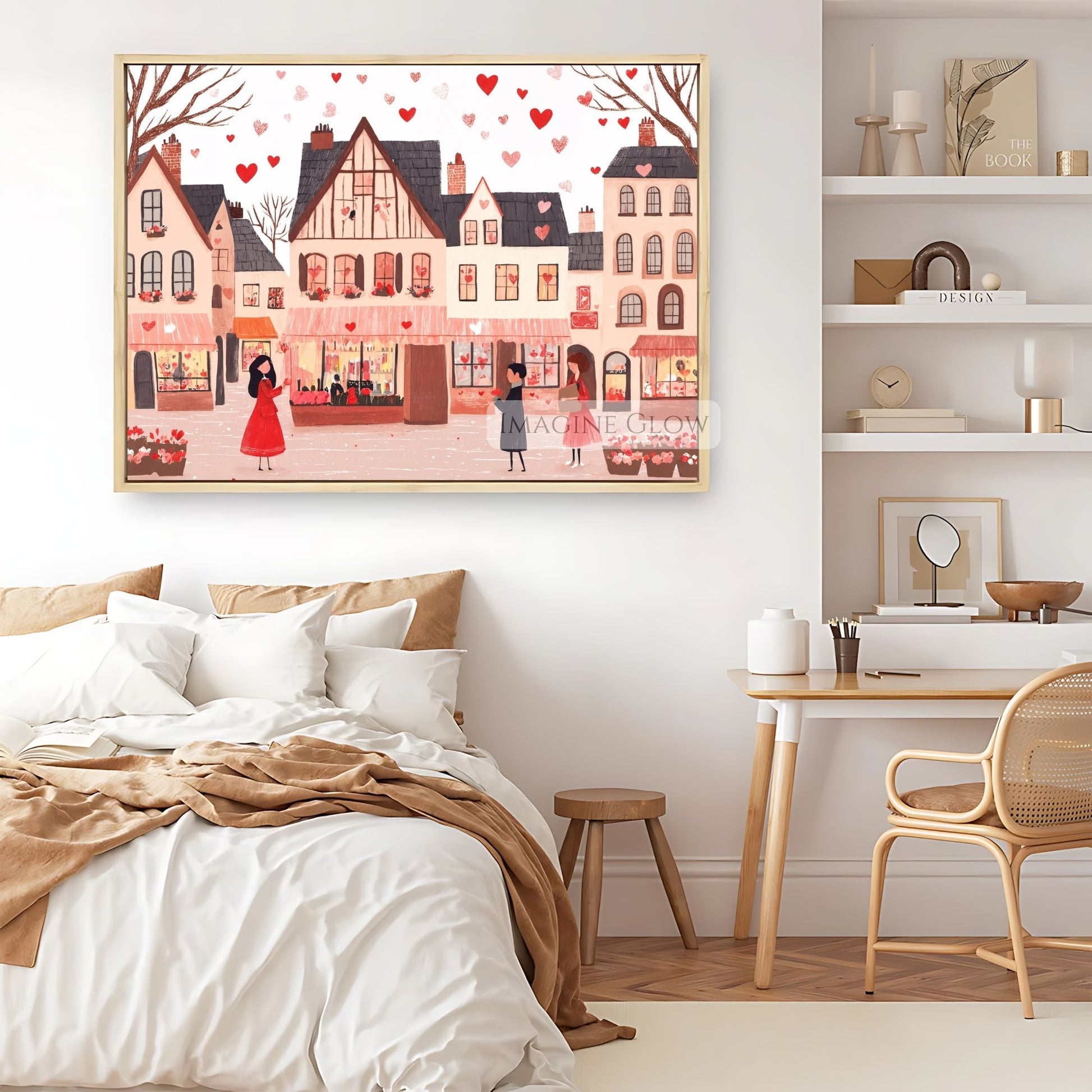 Hand-drawn love village street scene with heart accents
