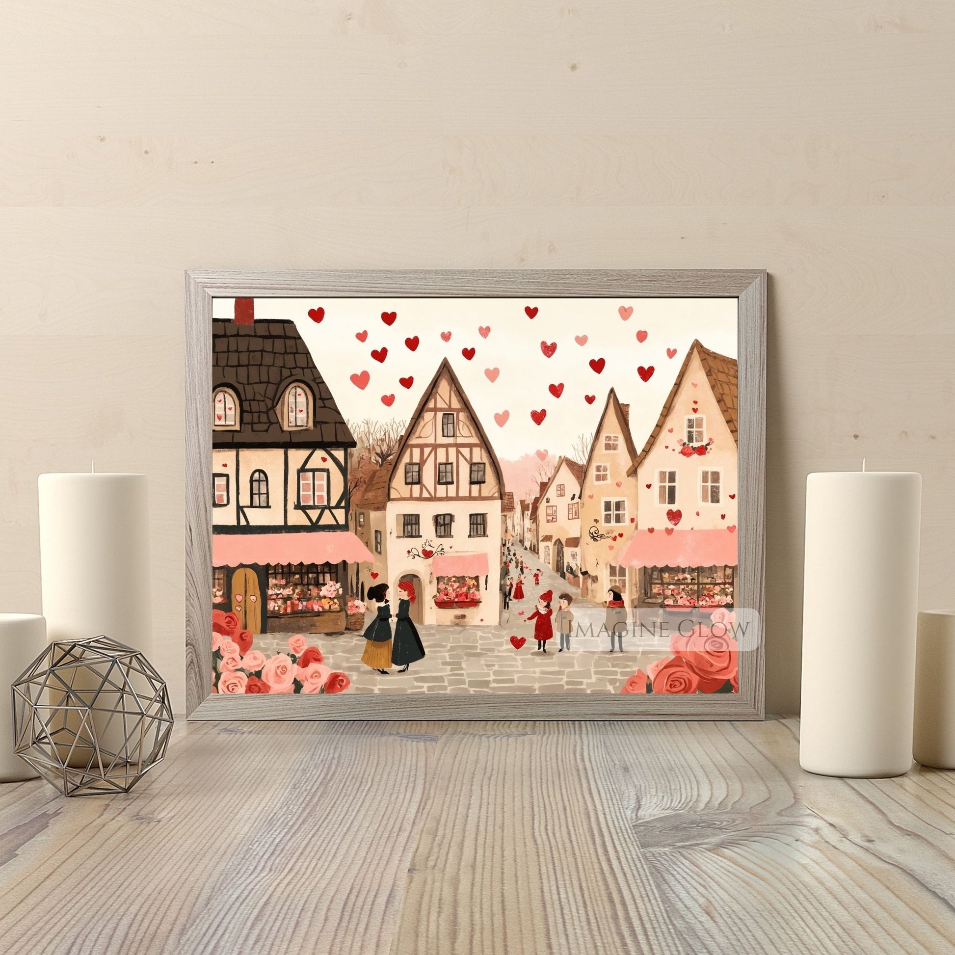 Romantic printable wall art featuring a heart village