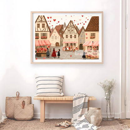 Heart-themed cozy village art for romantic decor
