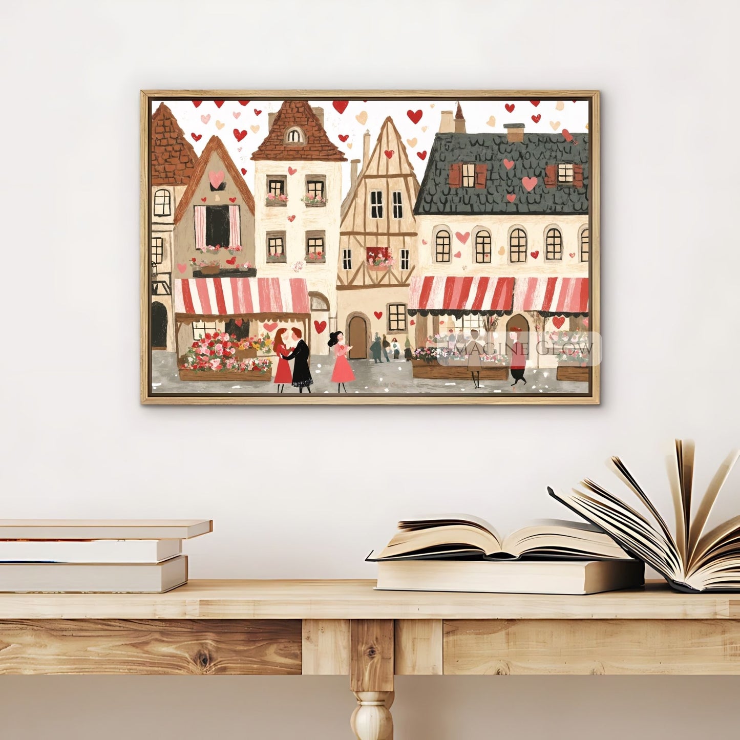 Valentine's Day decor featuring a romantic town illustration
