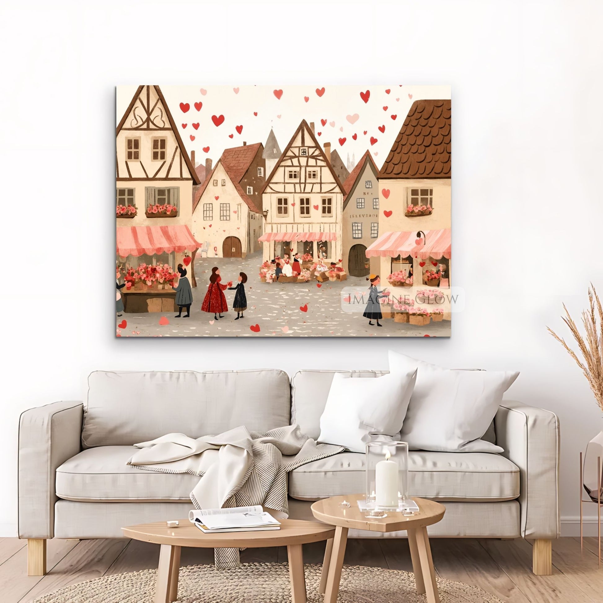 Love-inspired romantic village illustration for wall decor
