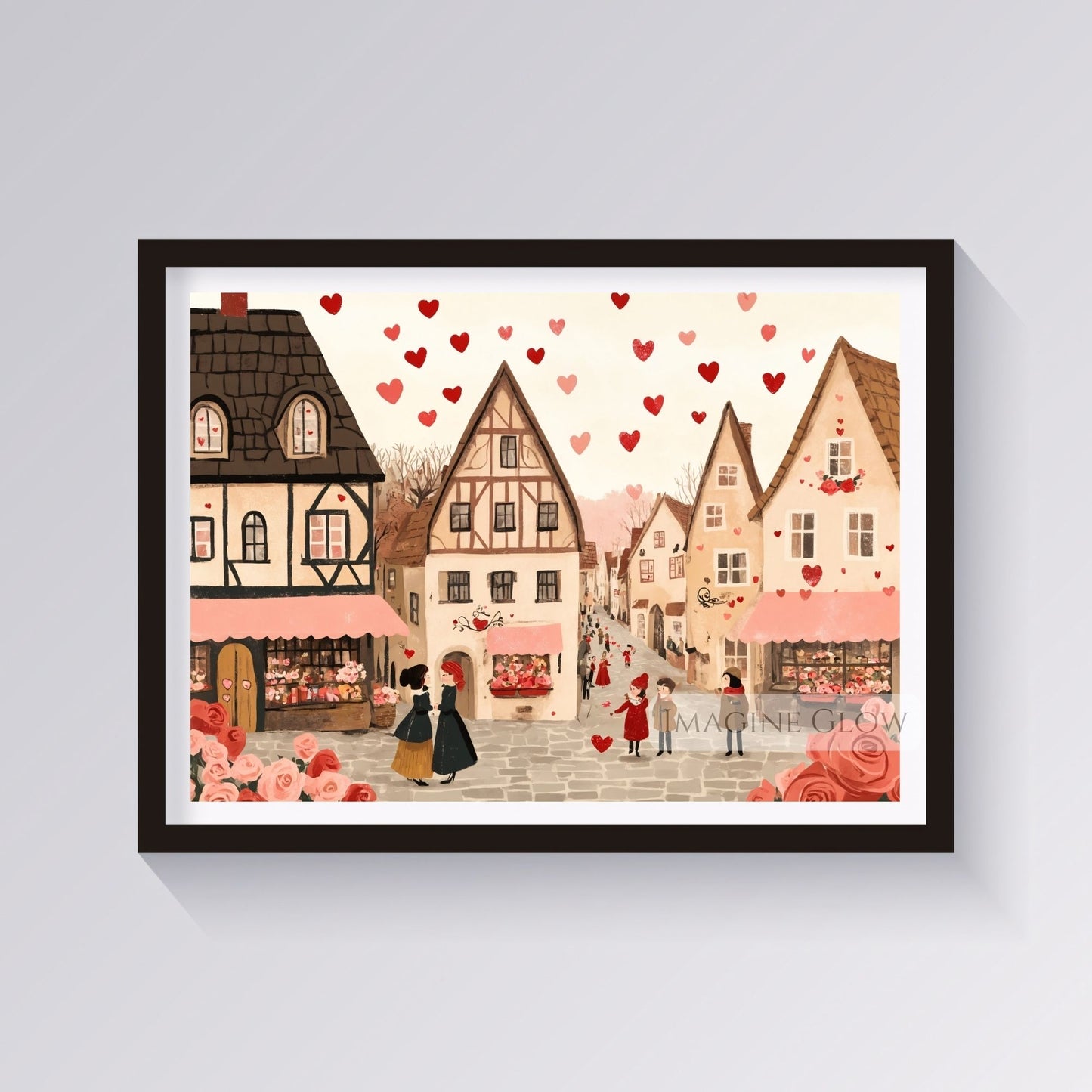 Hand-drawn romantic village art with heart-themed touches