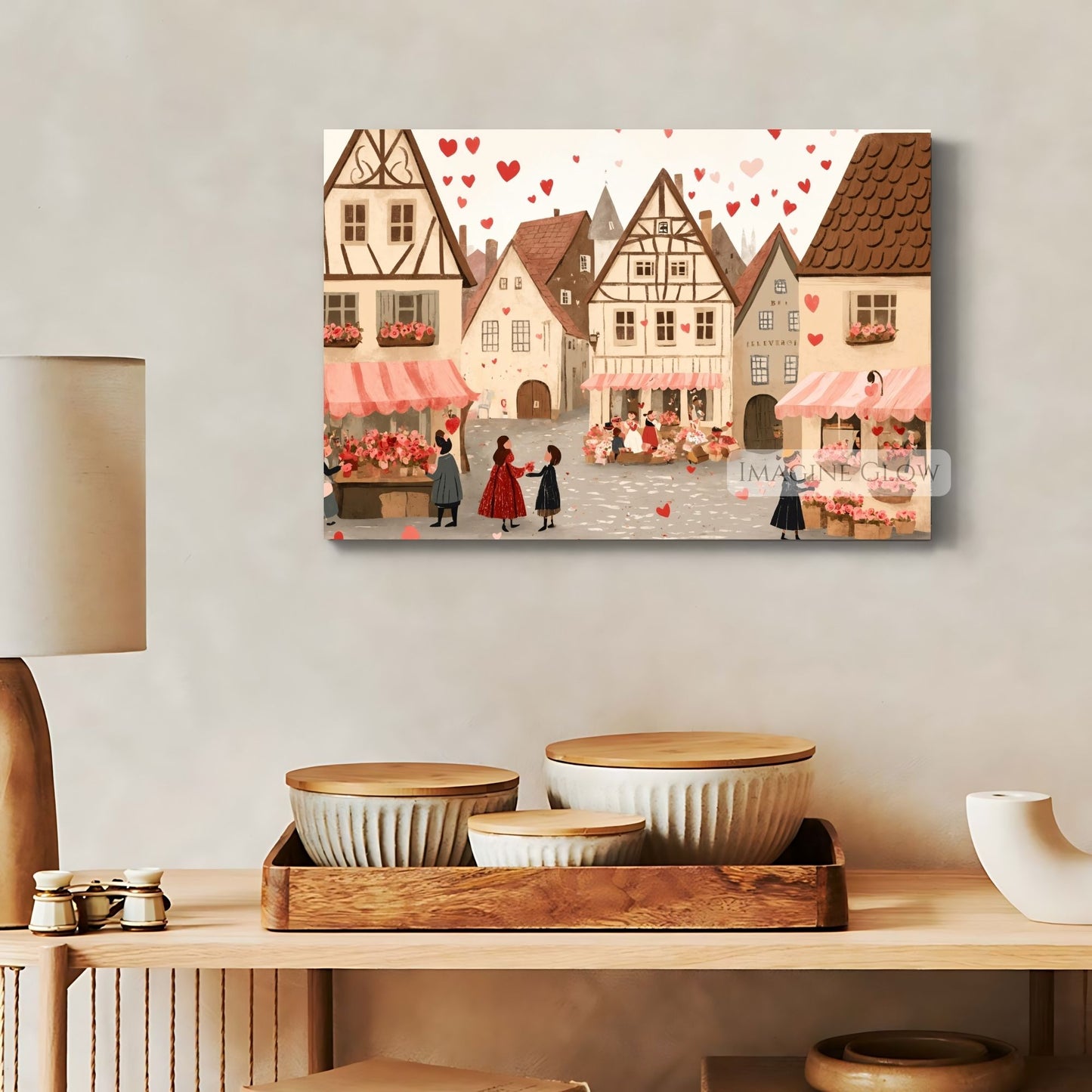 Digital download romantic village scene with hearts
