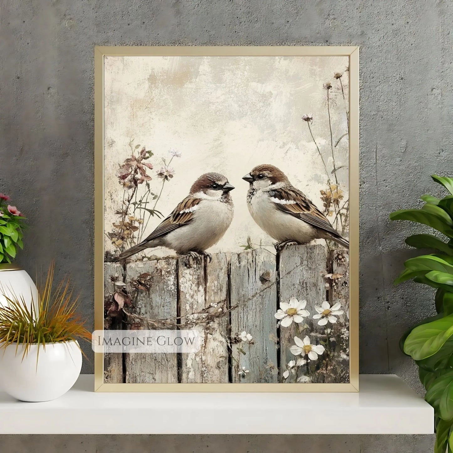 Nature-inspired bird couple print with spring flowers.
