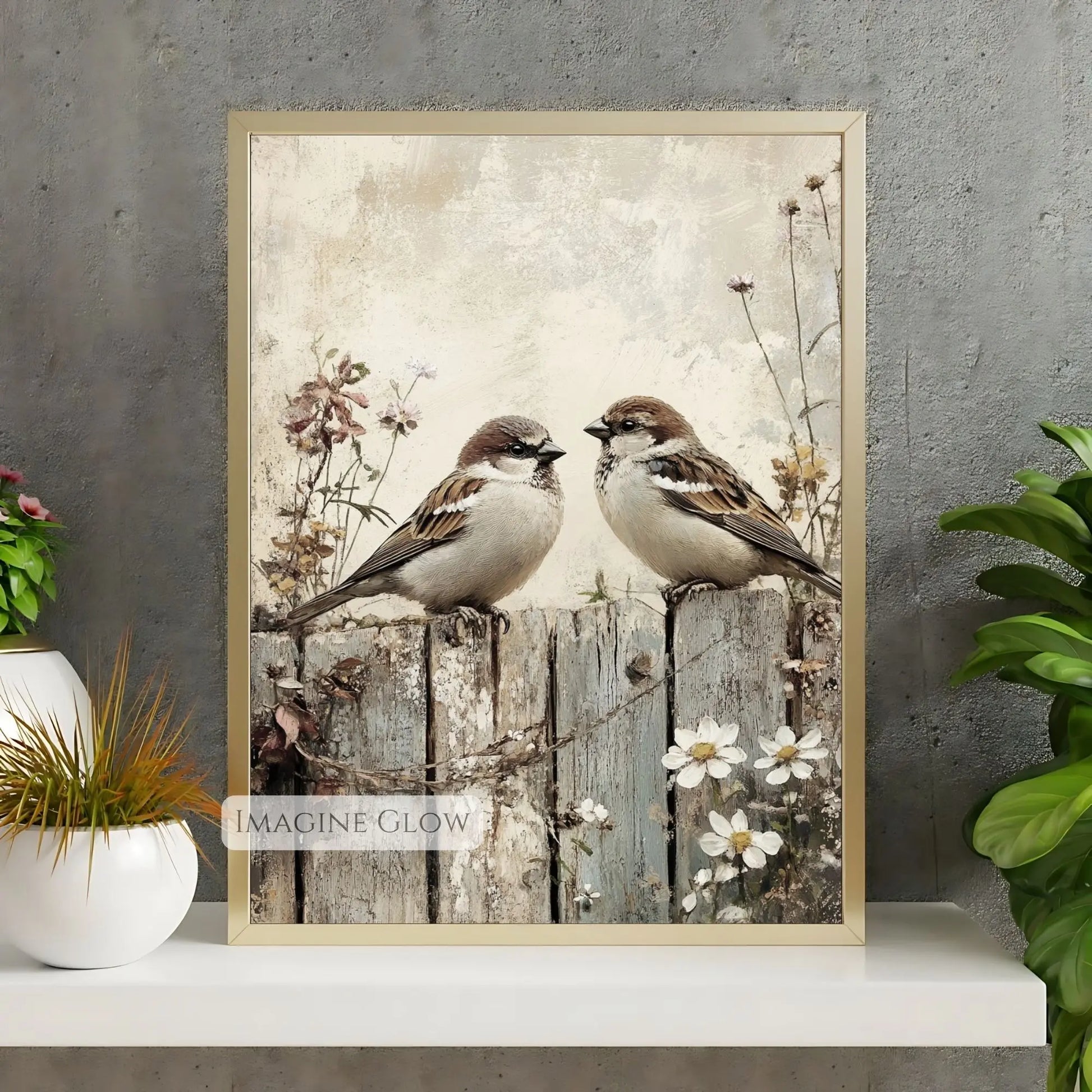 Nature-inspired bird couple print with spring flowers.

