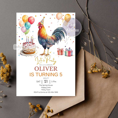 Farm-themed invitation with illustrated rooster