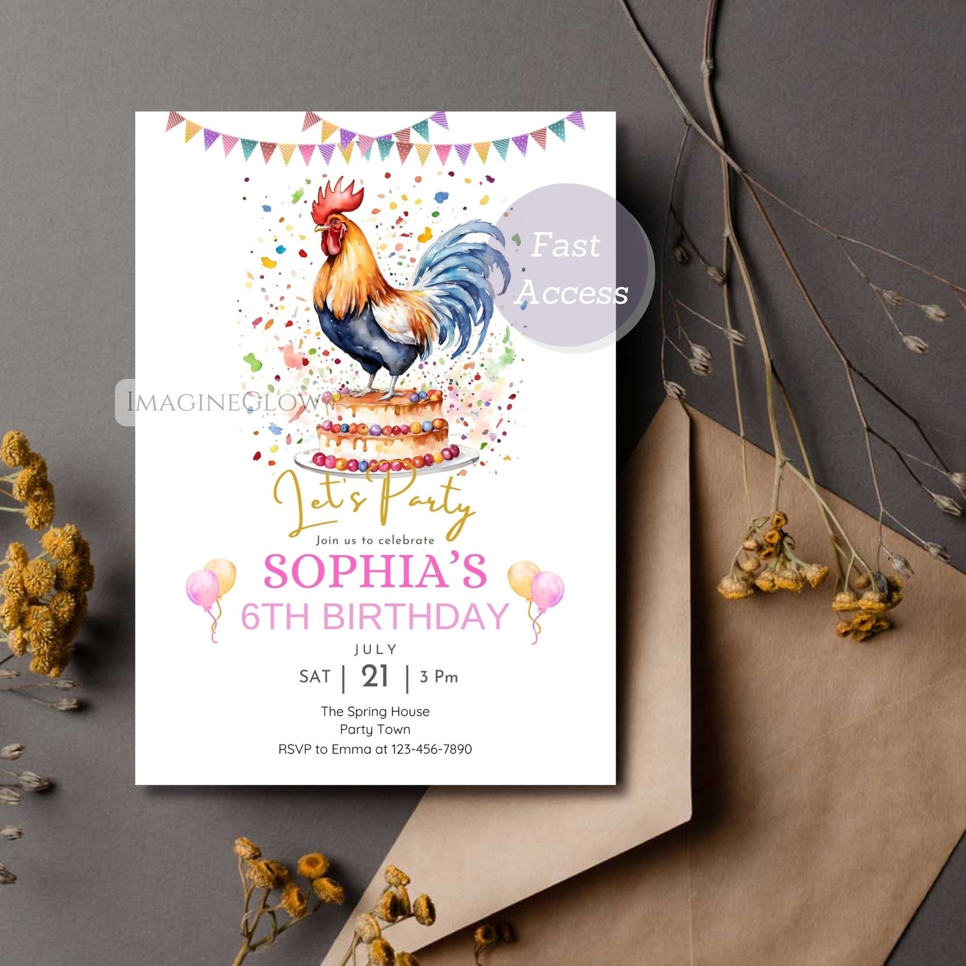 rooster birthday invitation
farm animal chicken party evite

