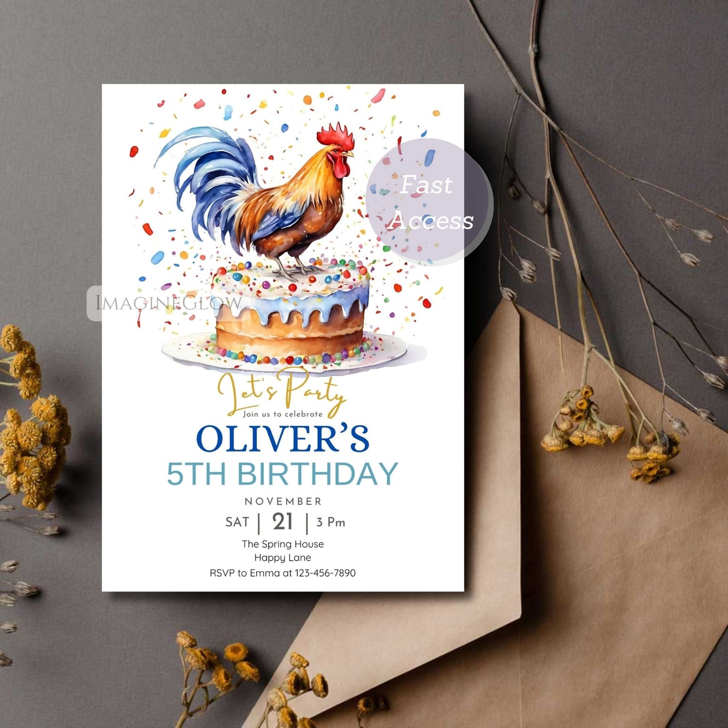 Birthday invitation card with rooster and cake illustration 