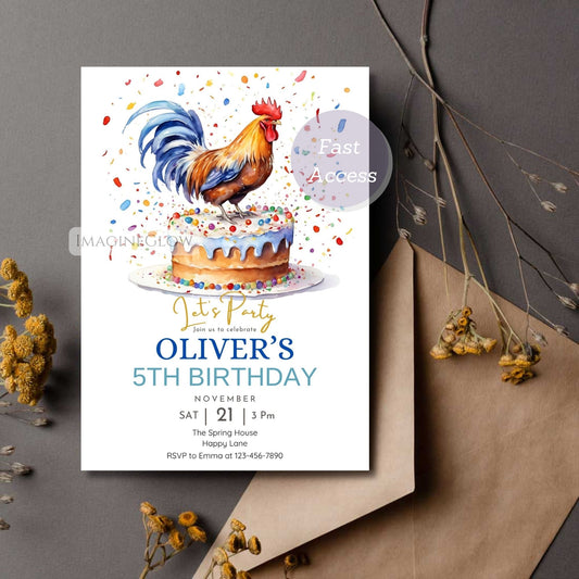 Birthday invitation card with rooster and cake illustration 