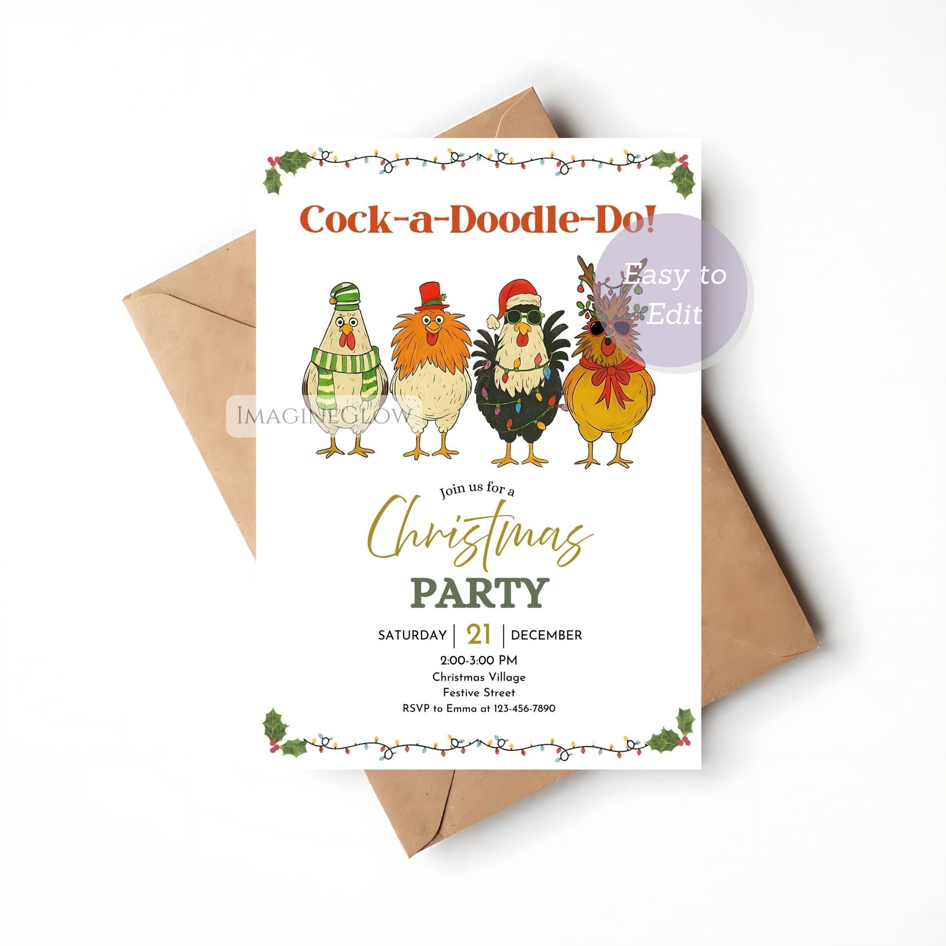 Christmas party invitation with cartoon chickens and envelope on a white background