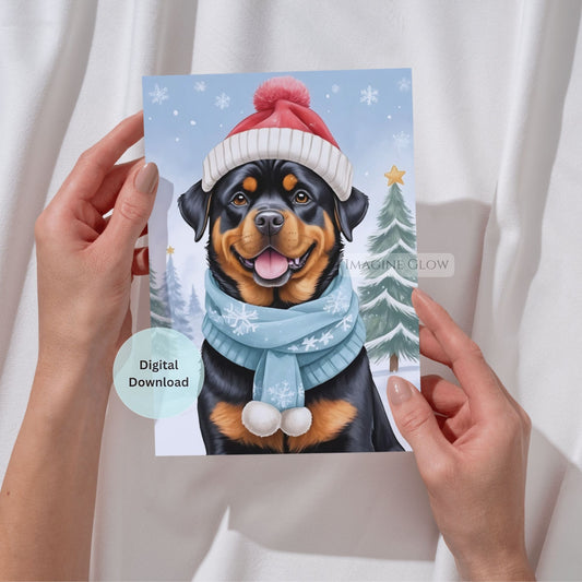 Hand holding a digital download card with a dog wearing a Santa hat and scarf against a snowy background.