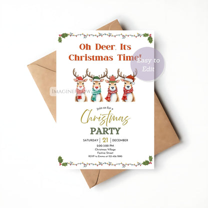 reindeer holiday party invite card
festive rudolph christmas invitation design
