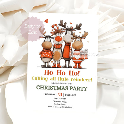Christmas party invitation with cartoon reindeer on a white background