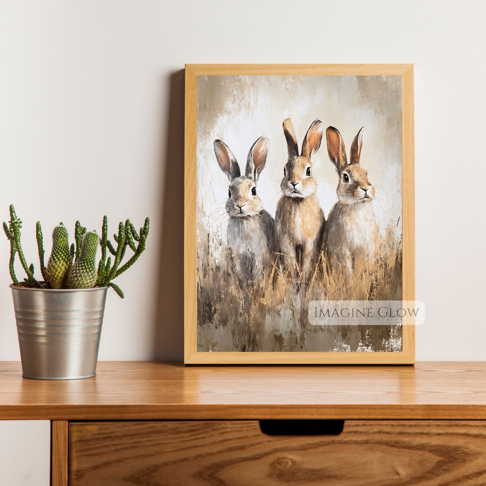 Woodland animal print featuring three rabbits
