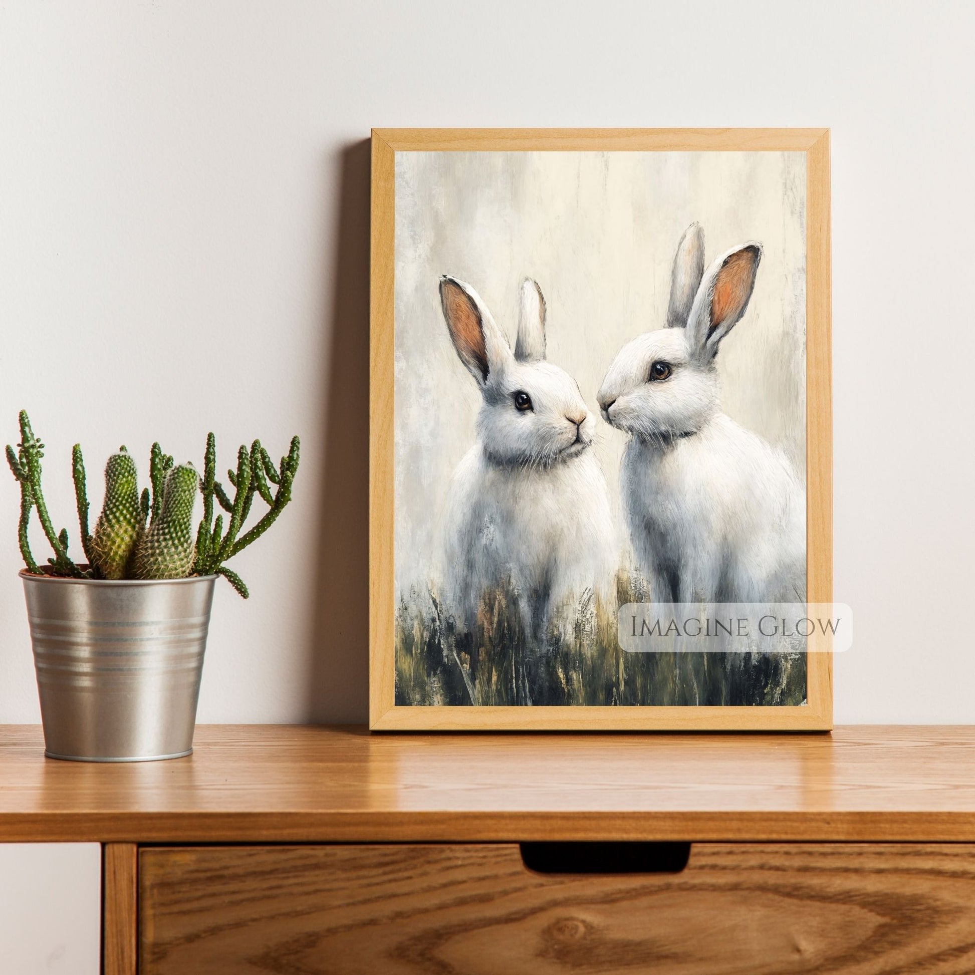 Rustic farmhouse rabbit wall art with two white rabbits
