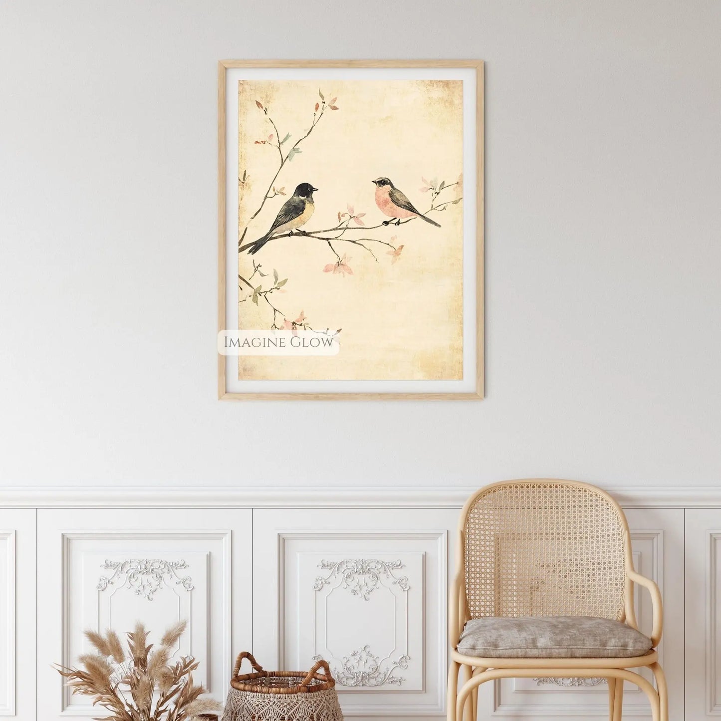 Springtime vintage bird illustration with two birds on a tree branch
