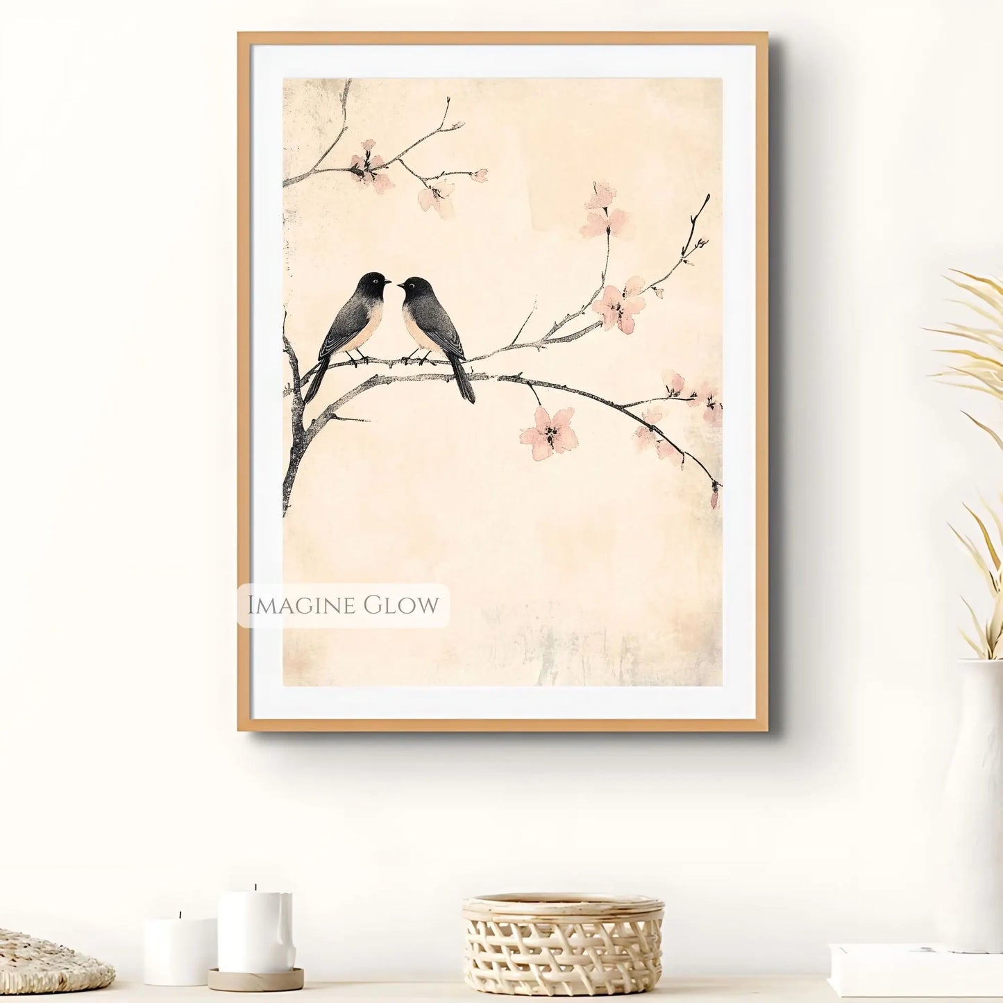 Two birds perched on a blooming tree branch vintage illustration
