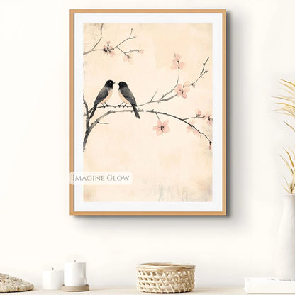 Two birds perched on a blooming tree branch vintage illustration
