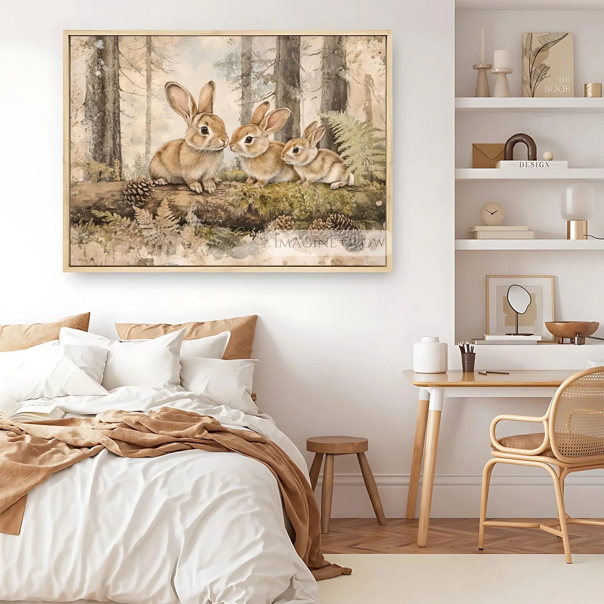 Forest scene with a rabbit family, vintage-style print.
