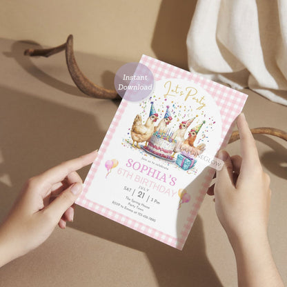 editable rooster birthday invite
barnyard girl party card