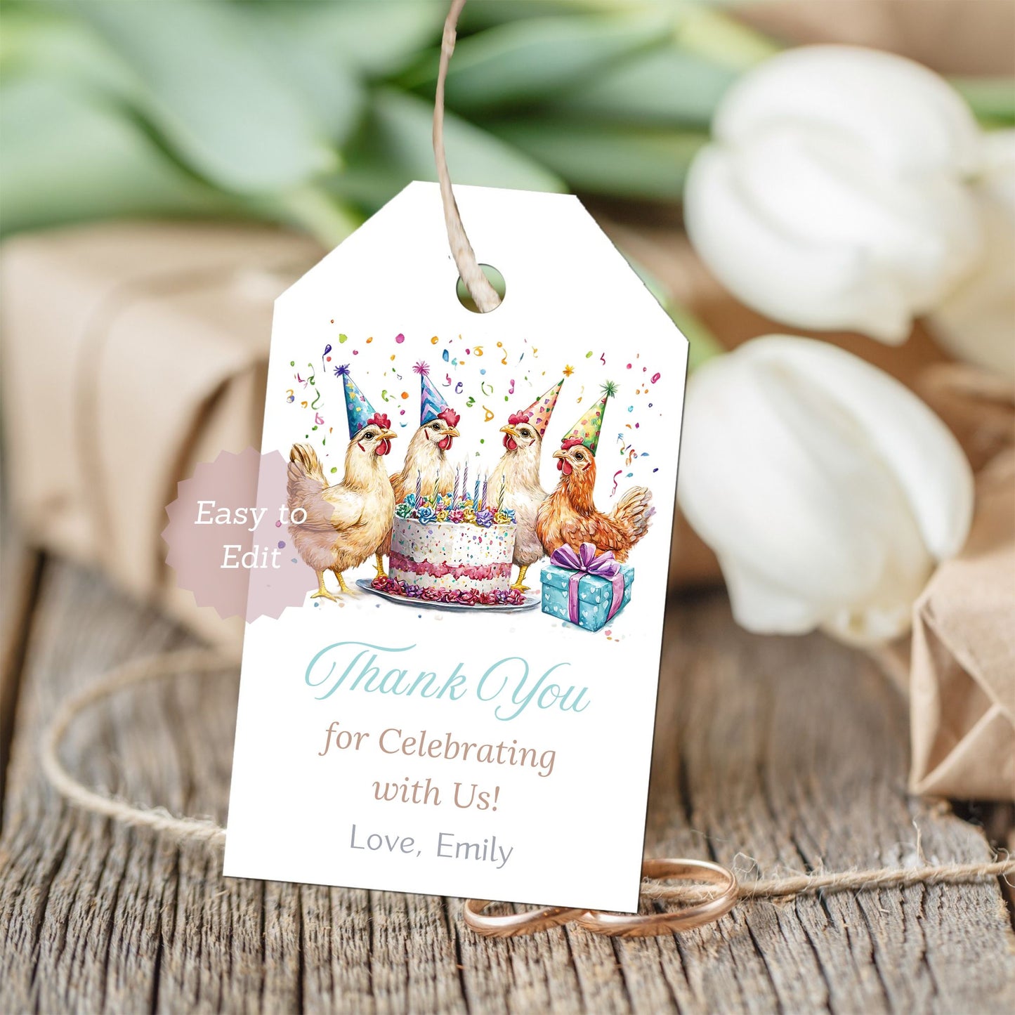 chicken hen favor tags printable digital
editable farm animal party favor tags
