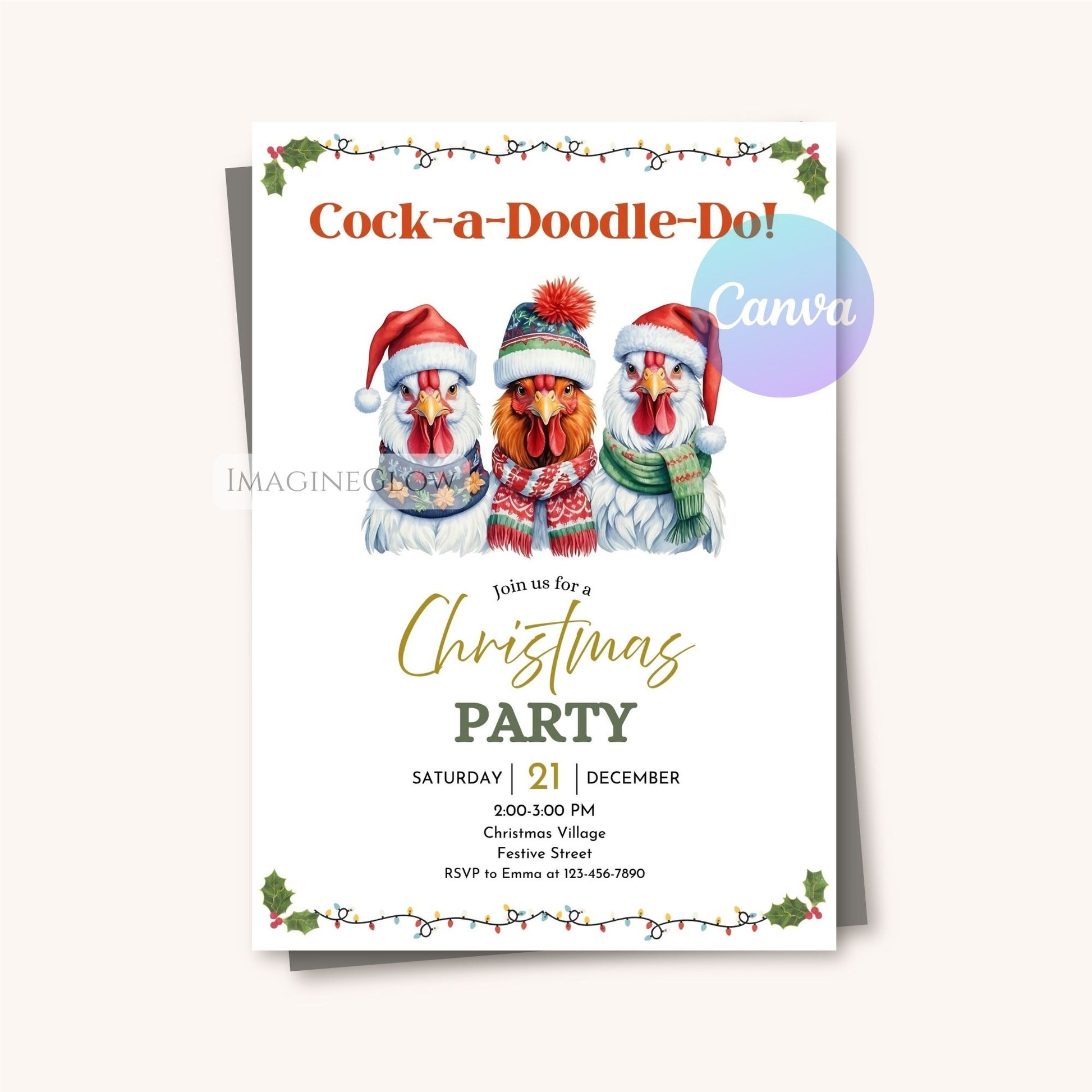 Farm animal theme Chicken Christmas Party Invitation 