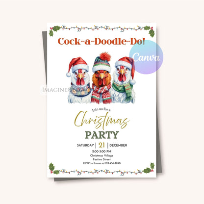 Farm animal theme Chicken Christmas Party Invitation 