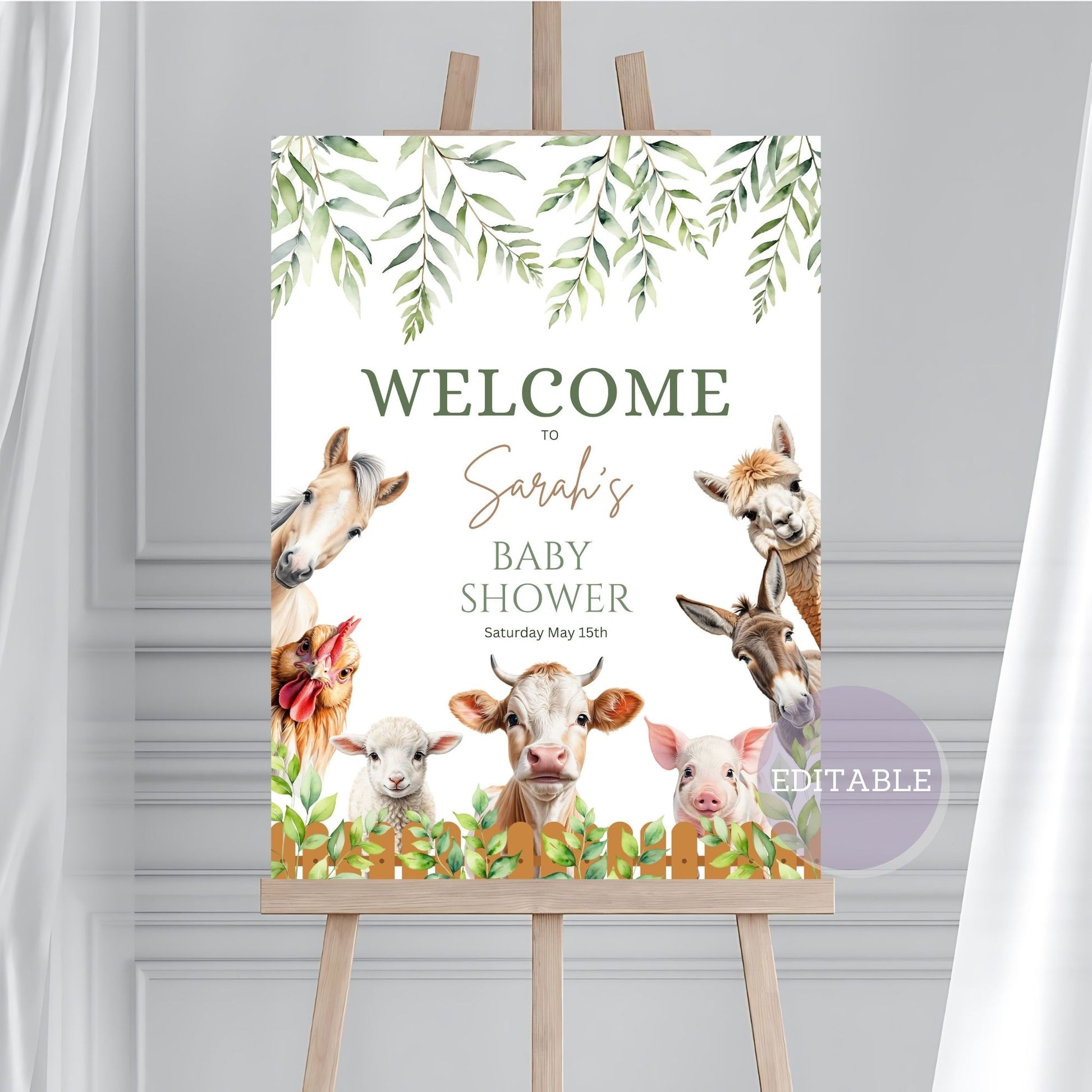 Editable rustic baby shower poster featuring barnyard animals.
