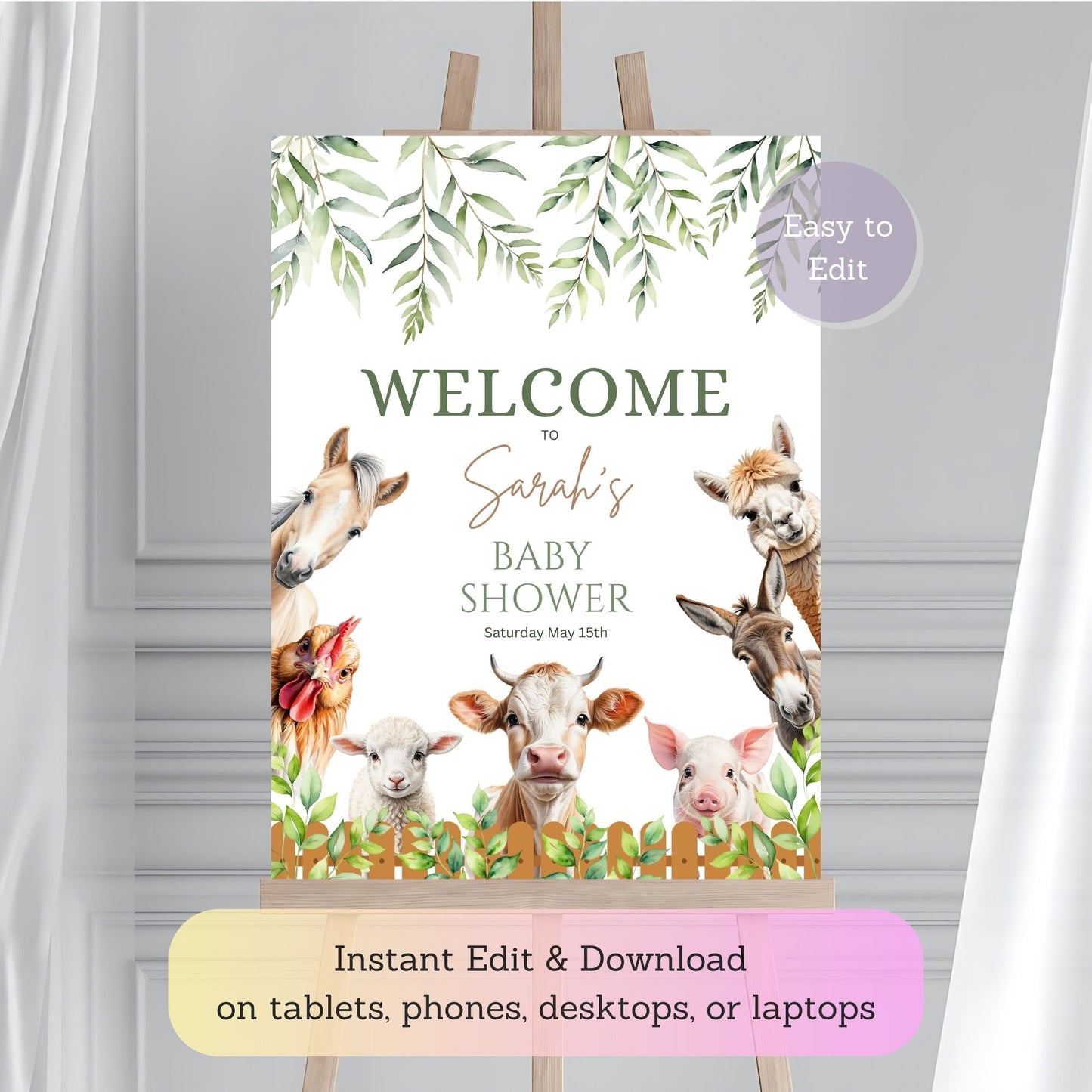 Kid's birthday party welcome sign with farm animals and rustic style.
