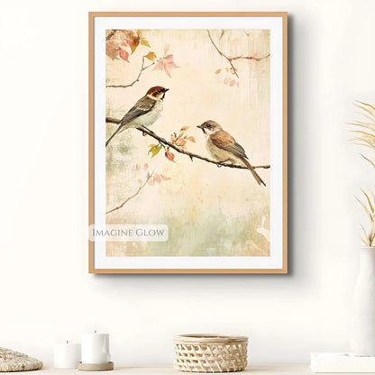 Rustic farmhouse bird print with two birds on branch.
