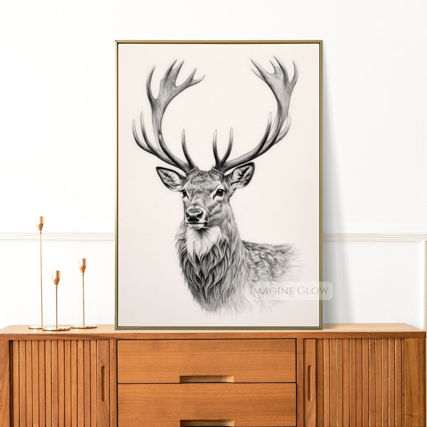Hand-drawn stag portrait for wall decor.
