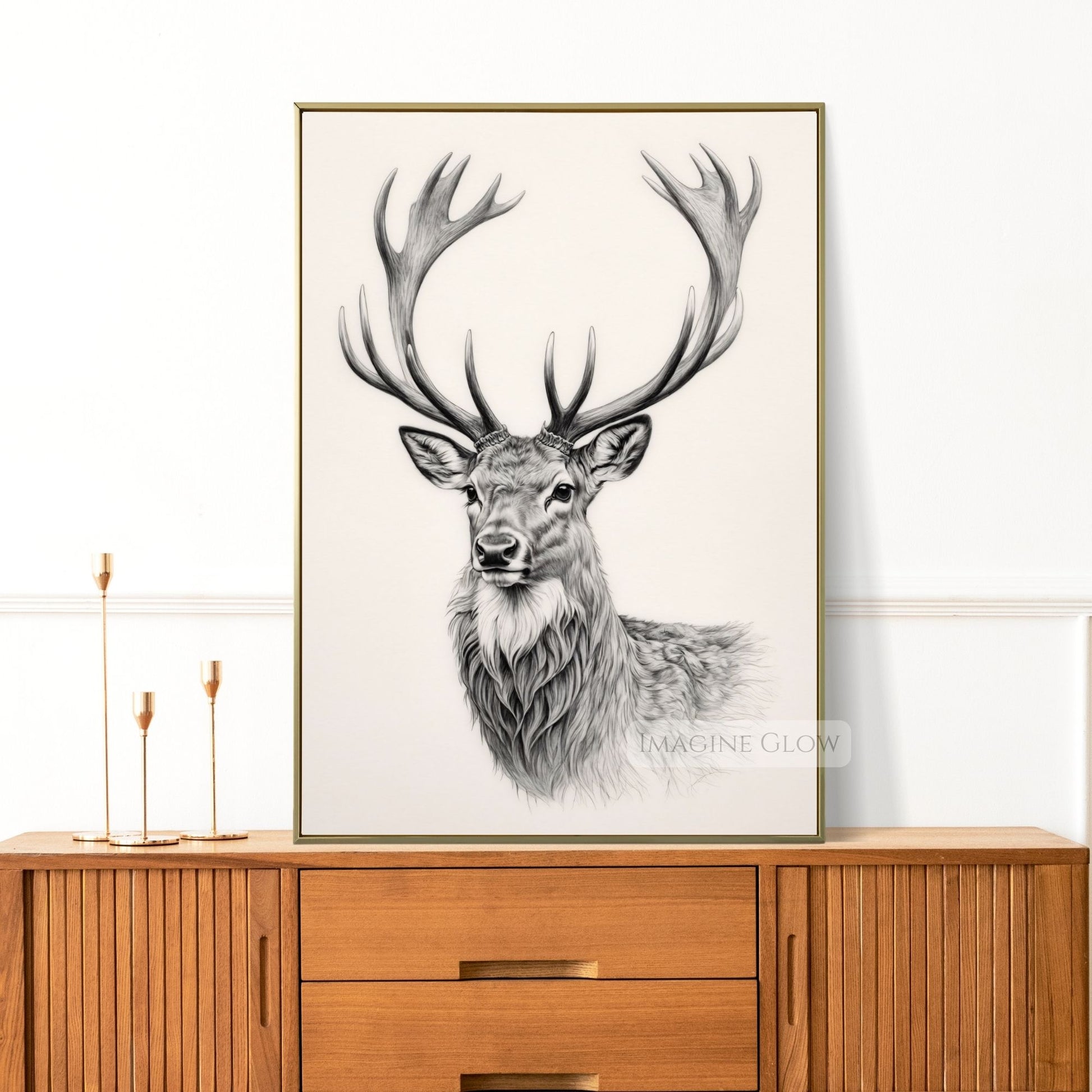 Hand-drawn stag portrait for wall decor.
